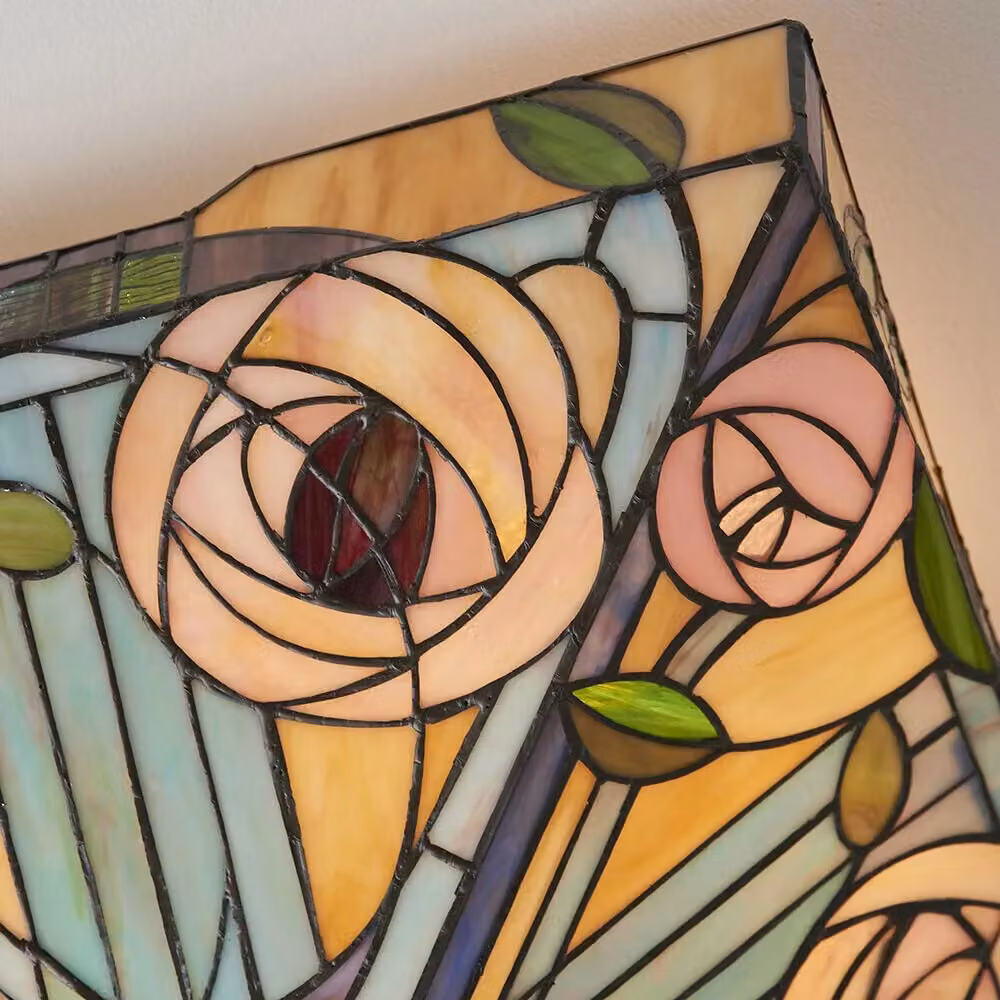 Loops Tiffany Glass Semi Flush Ceiling Light with Pink Rose Inverted Square Shade in Multicolour and Bronze – 3