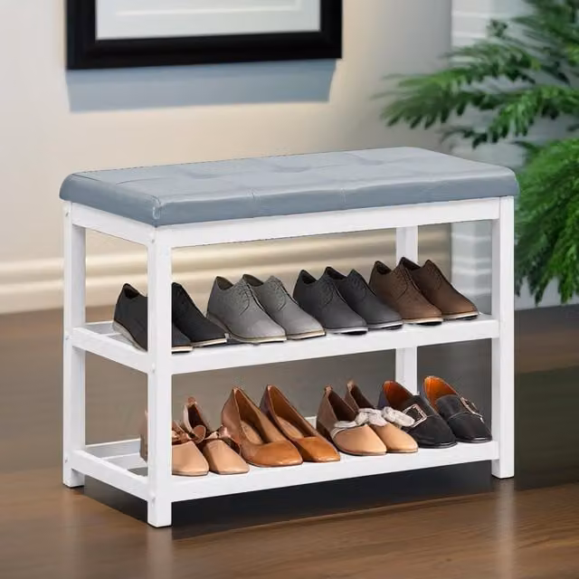 Pirlo Plush Grey 2 Tier Wooden Shoe Rack Bench with Synthetic Leather Seat