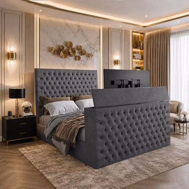 KDMD Annan Upholstered Soft Velvet Grey TV Bed Frame with Lift Up Base, Super King, W/D/H: 200 x 152 x 189 cm – 1