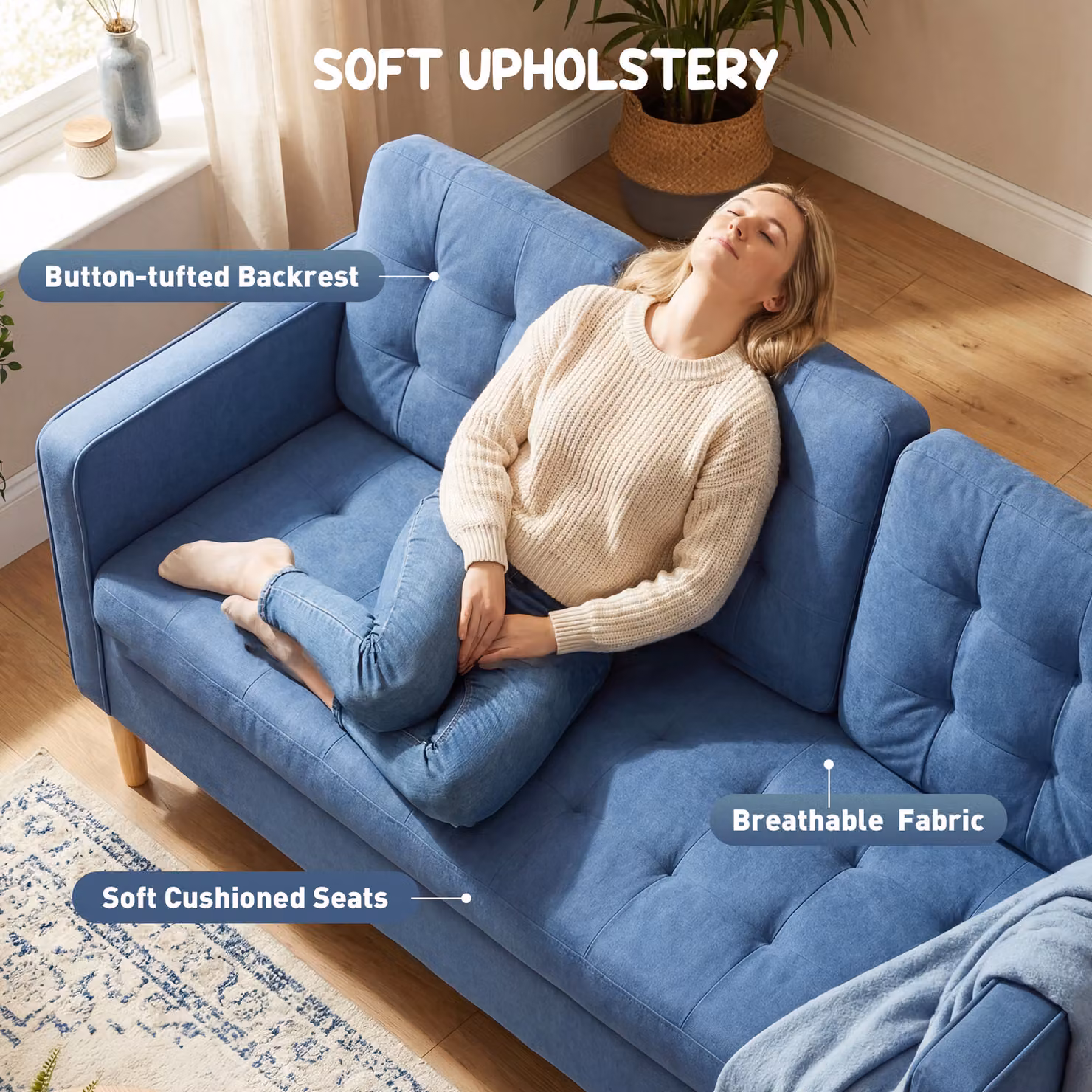 HOMCOM 3 Seater Blue Fabric Sofa with Hidden Storage and Wood Legs, W: 169 cm, H: 82 cm, D: 33.7 cm – 3