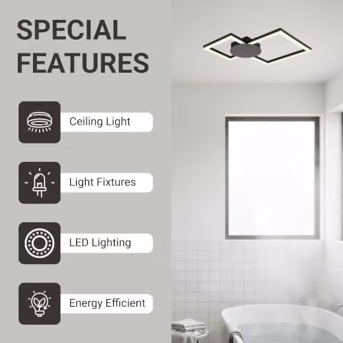 Cosylyte Miles Modern Square LED Ceiling Light, Matt Black, IP44, 3000K Neutral White, 2100lm, W: 44 cm, D: 44 cm, H: 5 cm – 4