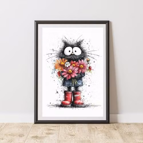 60 SECOND MAKEOVER Black Cat and Floral Print Poster, Multicolour, A4