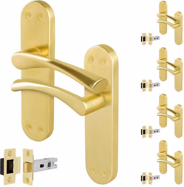 AFIT Satin Brass Twist Door Handle and Latch Set with Long Backplate, Gold, 5 Pairs, W/D/H: 150 x 100 x 17.5 mm – 1