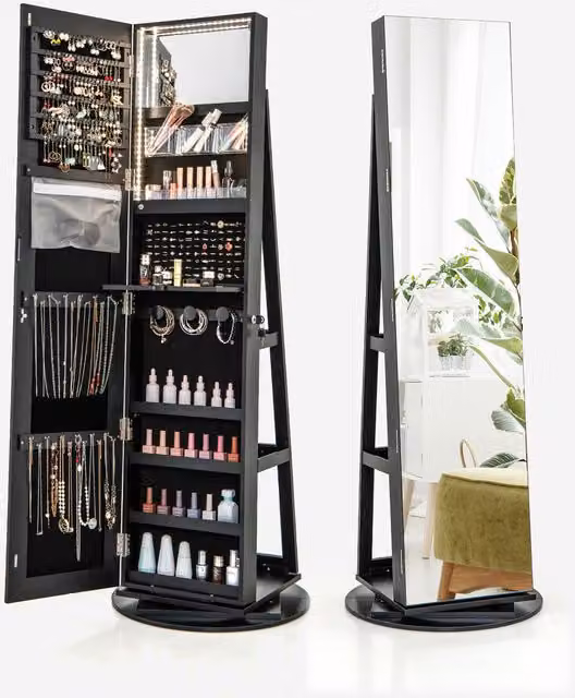 COSTWAY Modern Black Freestanding Jewellery Armoire with LED Lighting and Mirrored Hinged Doors