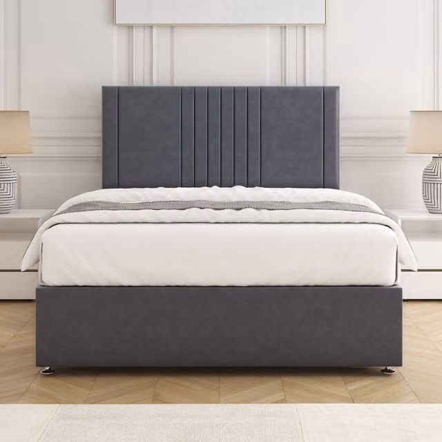 BSSPOKE Monaco Velvet Plush Divan Bed Set with 24 inch Headboard and Mattress in Charcoal Grey, Small Double, W/D/H: 120 x 200 cm
