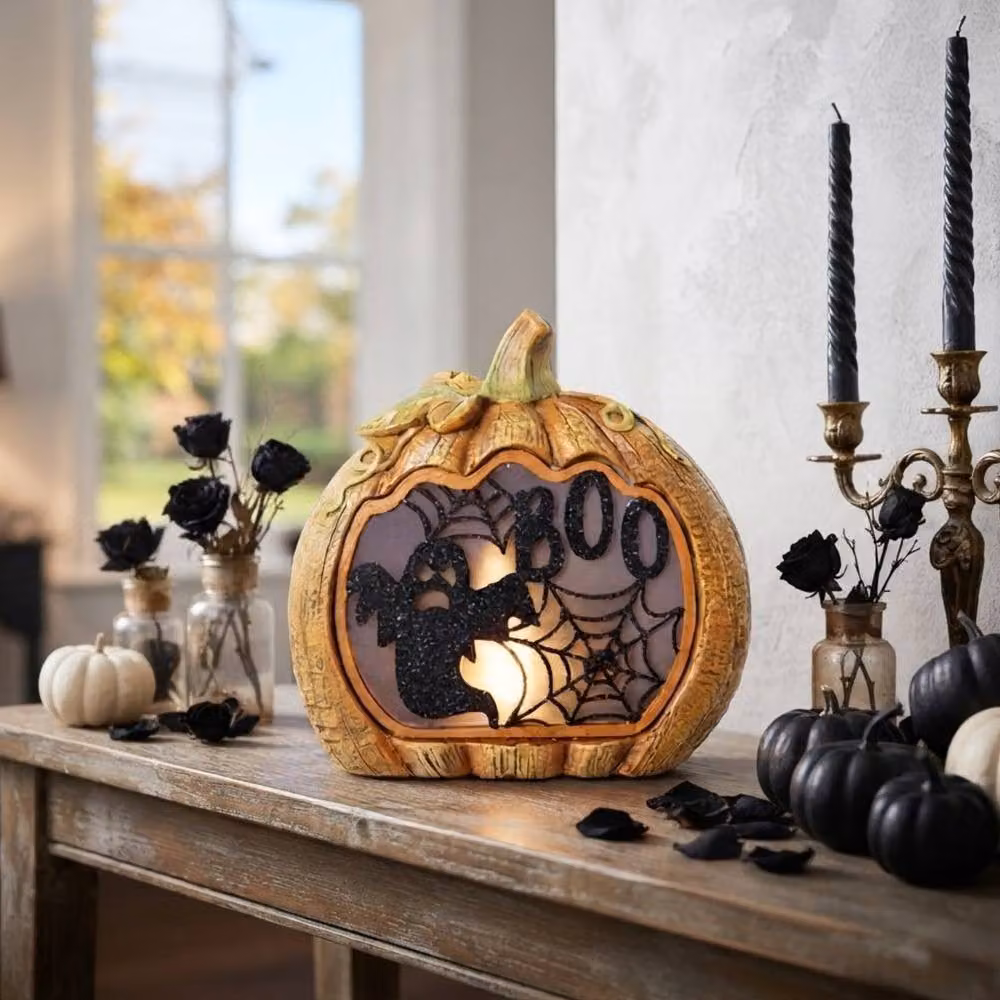 Garden Greatness Illuminated Boo Ghost Pumpkin Ornament in Orange and Multicolour – 2