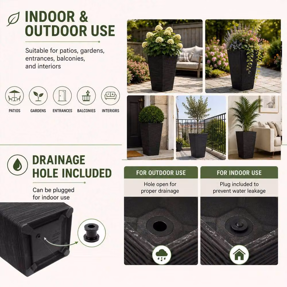 Nicoman Avondale Seagrass Black Tall Square Rubber Planter, 2 Pack, W/D/H: 33 x 33 x 61 cm – 4