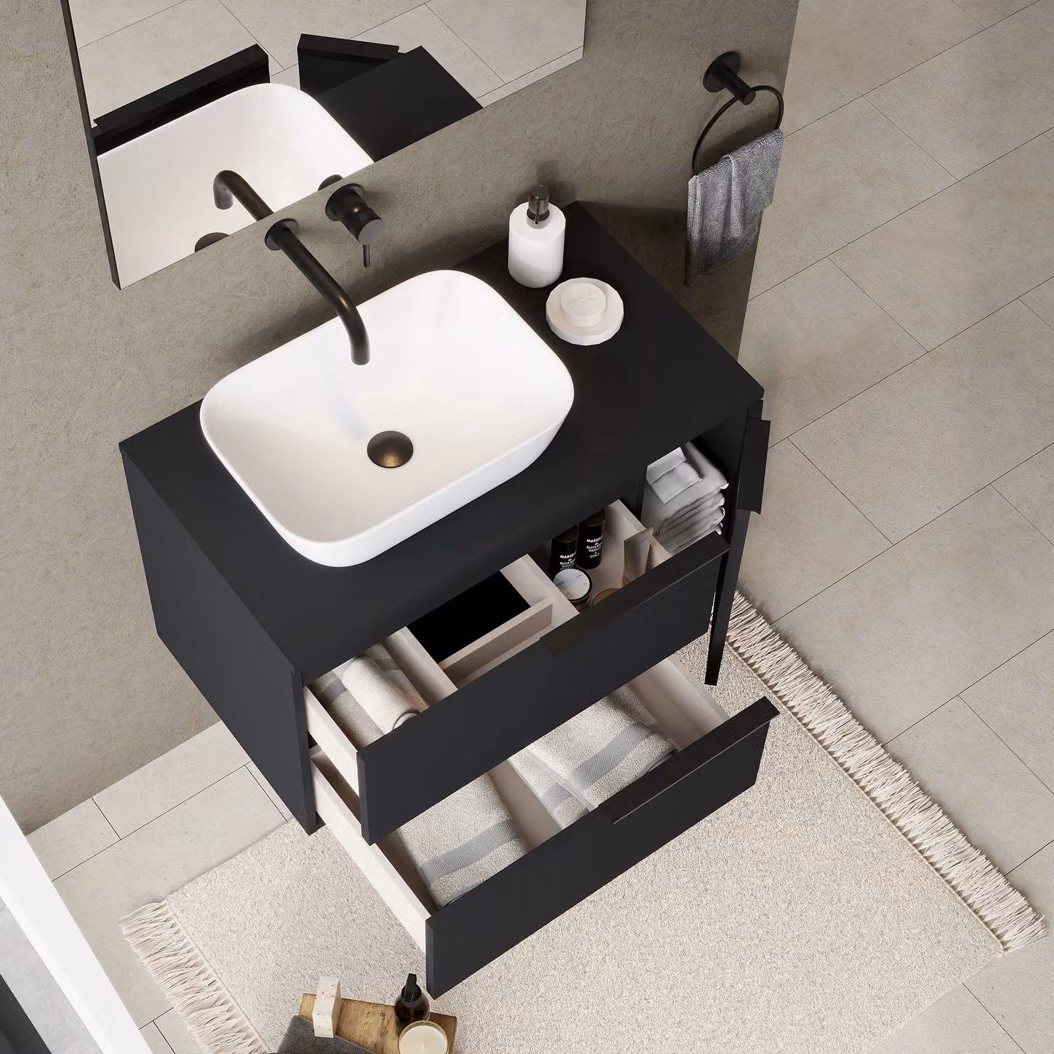 Banyetti Celtic Duo 800mm Wall Hung Vanity Unit with Door and Oak Worktop in Matt Black, W: 80 cm, D: 45 cm, H: 48 cm – 4