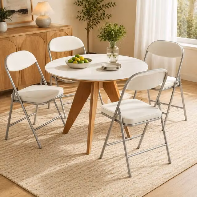 STILVORA Set of 4 White Corduroy Upholstered Folding Chairs with Metal Frame