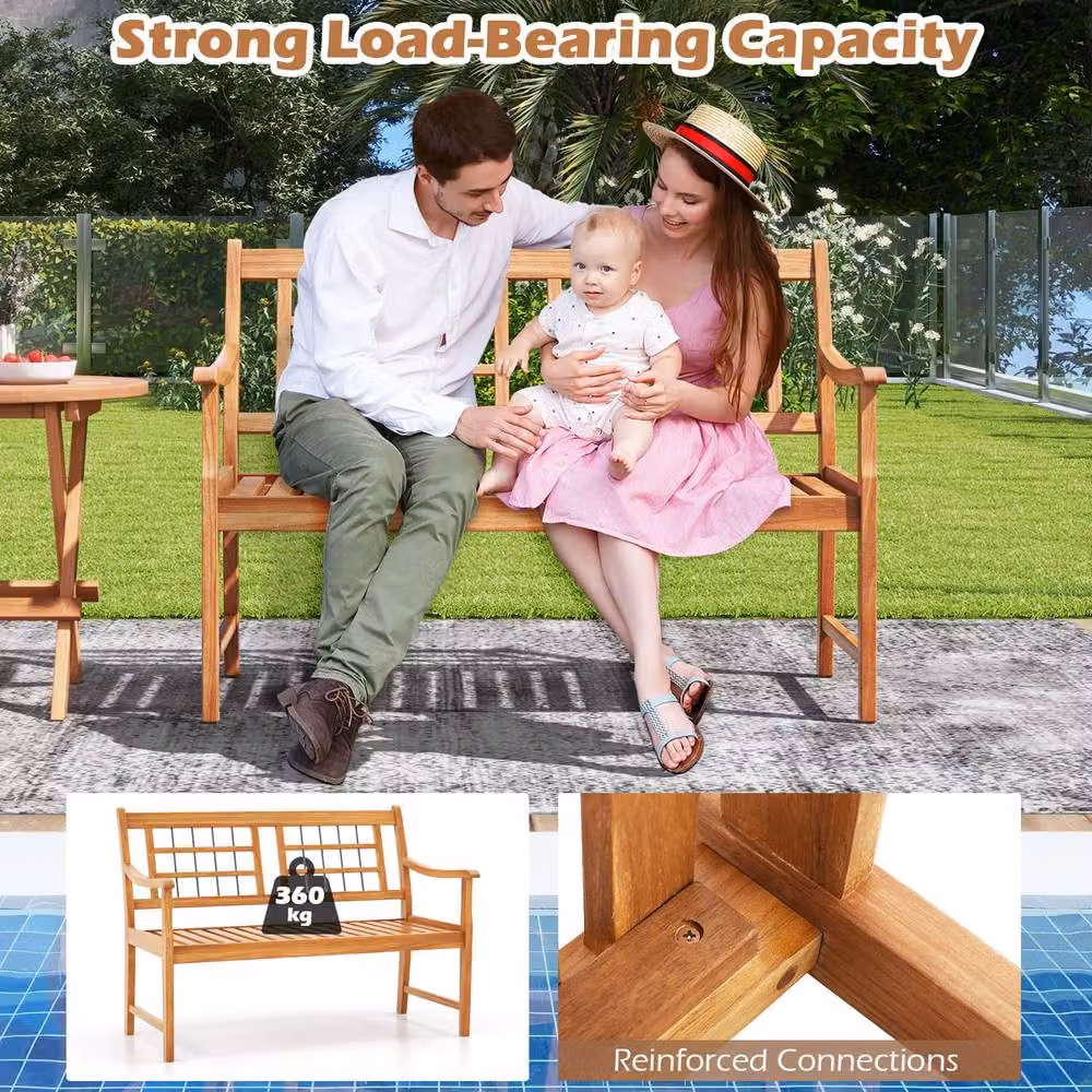 Costway Acacia Wood 2-Person Outdoor Garden Bench in Natural Brown – 4