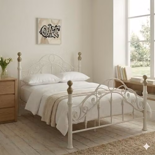 OAT Home Kensington French Style Metal Bed Frame, White and Gold, W/D/H: 180 x 200 cm