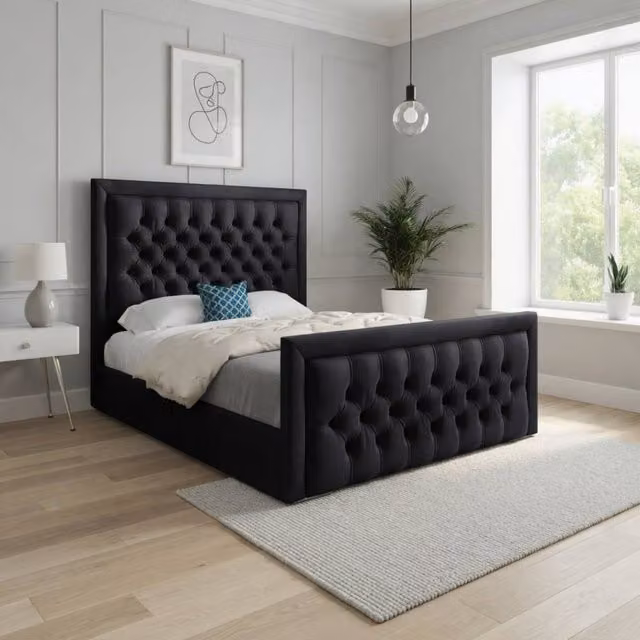 Casani Silchester Upholstered Black Velvet Designer Bed Frame W: 140 cm, D: 200 cm – 1