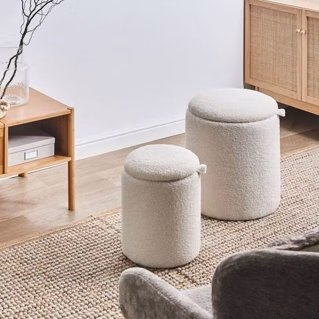 Wyld and Coco Set of 2 White Bouclé Cylindrical Pouffe Ottomans with Hidden Storage