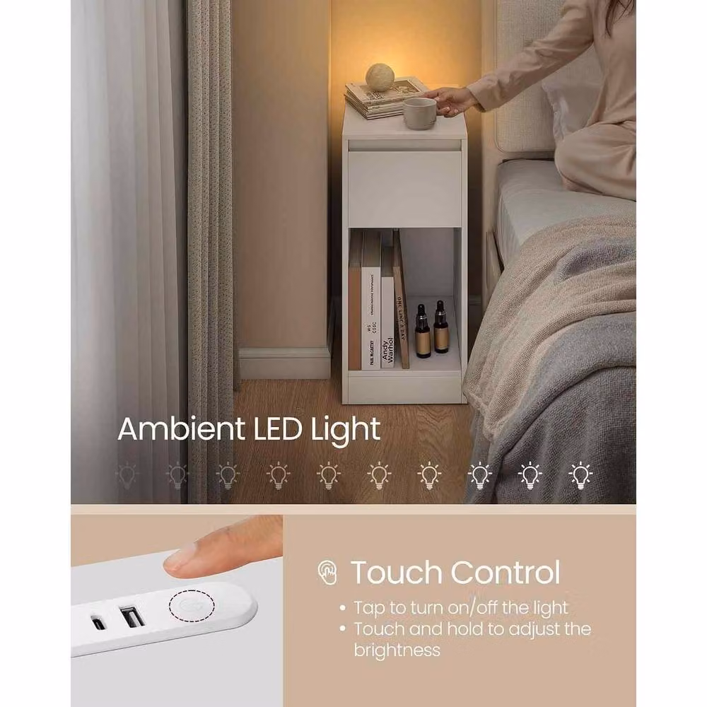 The Bazaarist Set of 2 Slim Bedside Tables with Integrated LED Charging Station in Soft White – 3