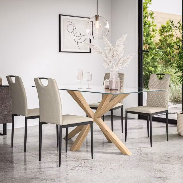 More4Homes Etta Glass Dining Table and Monza Beige Fabric Chair Set of 4 with Solid Oak Legs