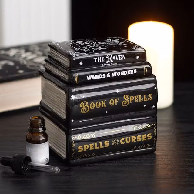 Gloriously Good Halloween Book of Spells Ceramic Aromatherapy Burner, Black, Vintage Tabletop Design