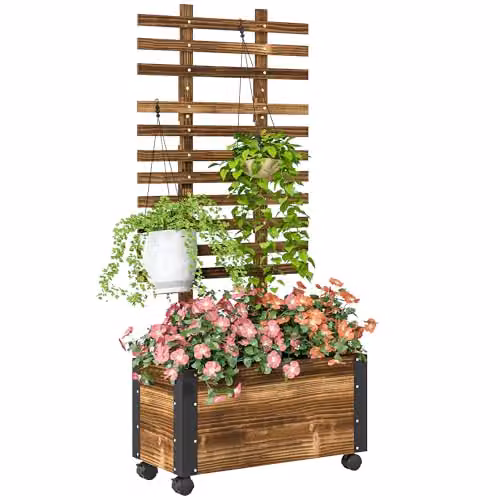 Outsunny Brown Wooden Raised Garden Bed with Trellis and Wheels, W/D/H: 147 x 65 x 31 cm