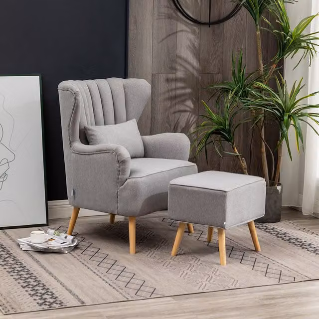 Livingandhome Modern Grey Fabric Wing Back Armchair with Integrated Ottoman and Oak Wood Legs