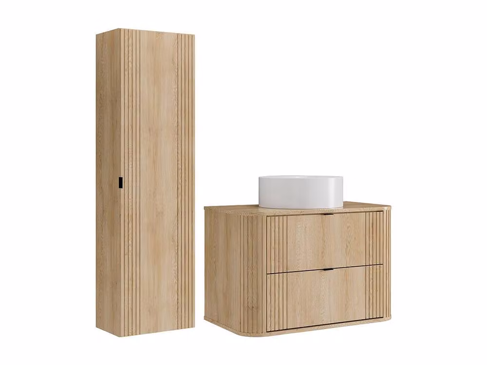 Vente-unique Filor Modern Wall Mounted Bathroom Furniture Set with Vanity Unit and Tall Cabinet in Light Oak, W: 80 cm, D: 46 cm, H: 57 cm – 2