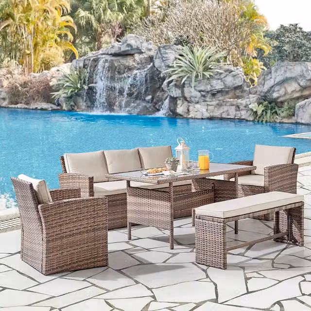 GRS Petra 5-Piece Rattan Dining Set with Glass Top in Brown and Grey