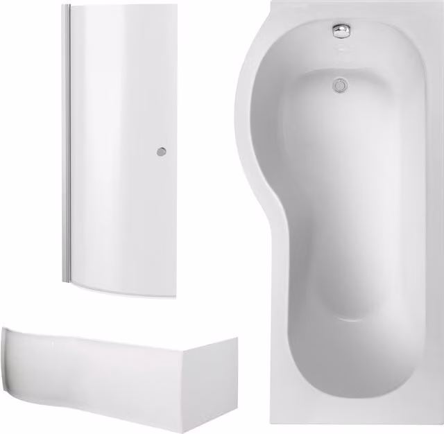 Balterley P Shape Left Hand Shower Bath Set with Panel and Screen, White – 1