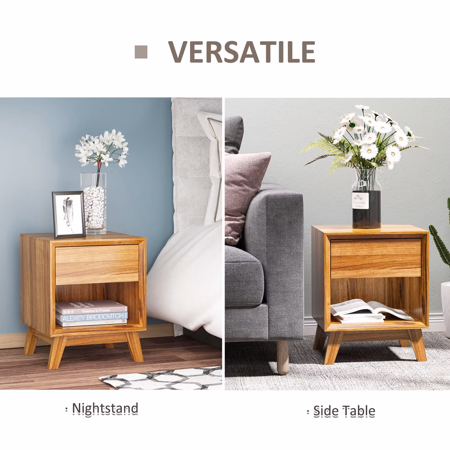 HOMCOM Set of 2 Modern Walnut Brown Nightstands with Drawer and Shelf – 3