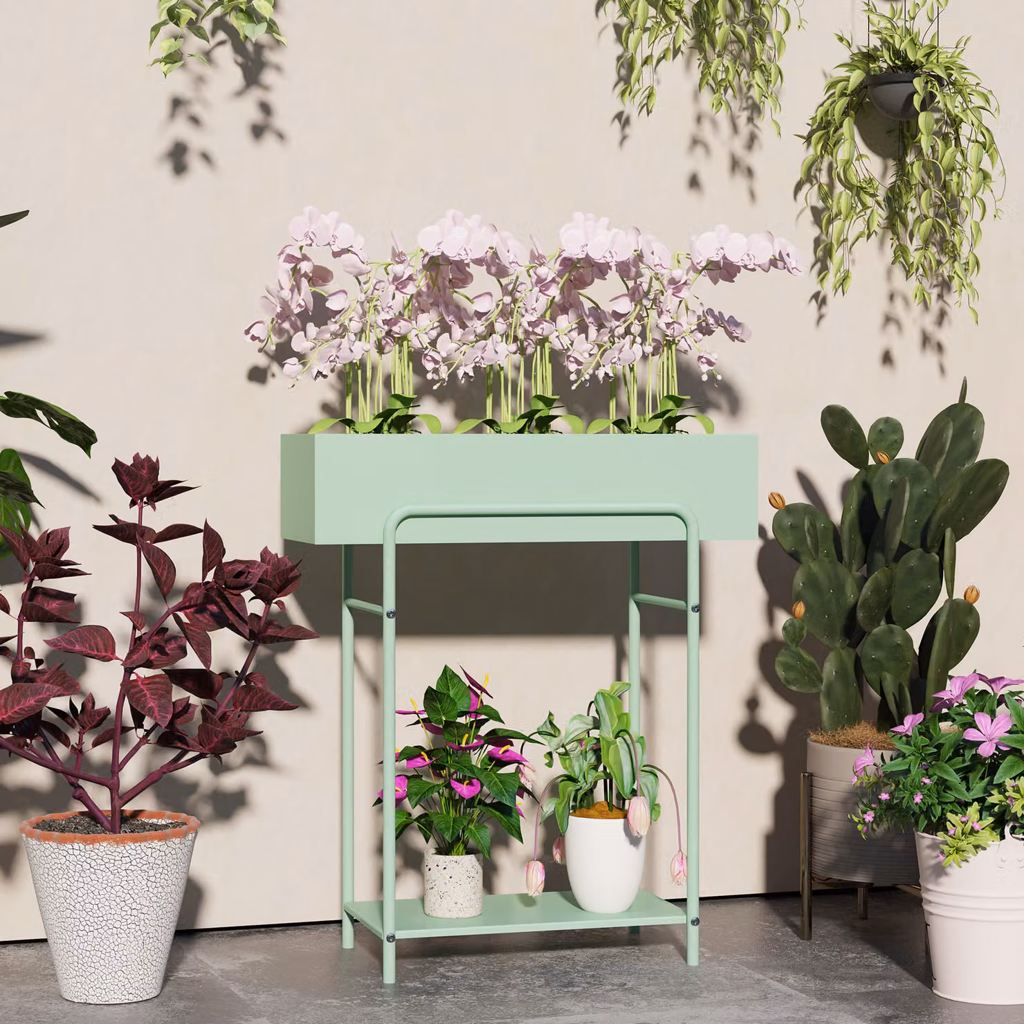 Outsunny 2 Tier Metal Plant Stand with Drain Holes, Green Floor-standing Flower Pot Rack for Indoor and Outdoor Use, W/D/H: 60.0 x 22.0 x 70.0 cm – 2