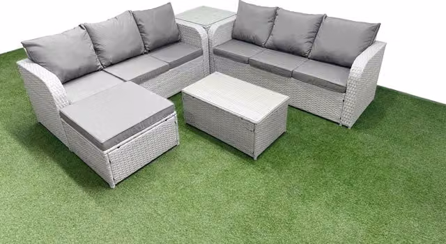 Fimous 7 Seater Grey Wicker Rattan Garden Furniture Set with Upholstered Cushions, Coffee Table and Ottoman