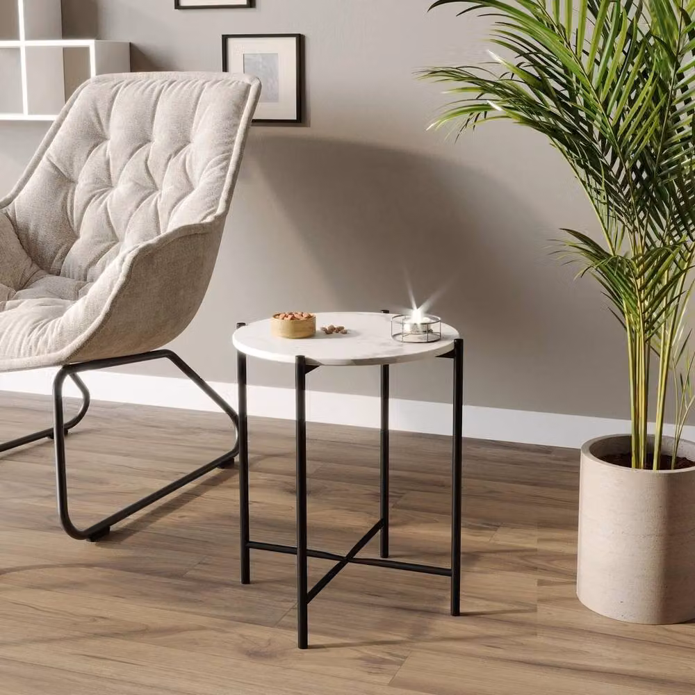 Havendro Set of 2 White Round Marble Effect Coffee Tables with Metal Frame – 3