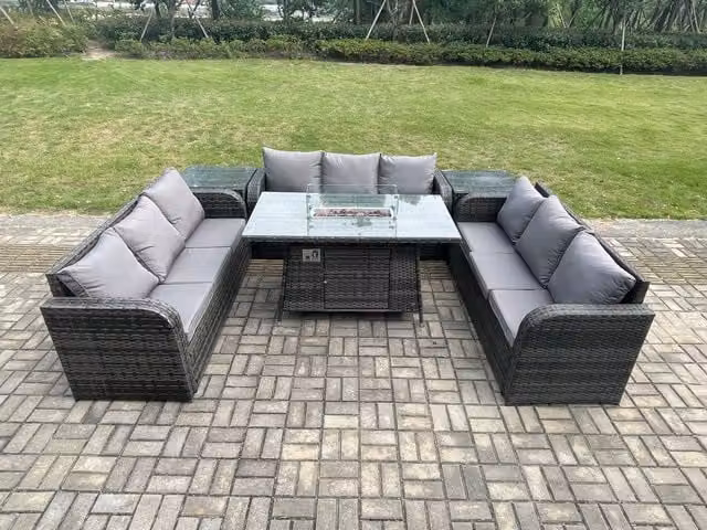 Fimous Rattan Garden Dining Set with Gas Fire Pit Table, Lounge Sofa and 2 Side Tables in Dark Grey