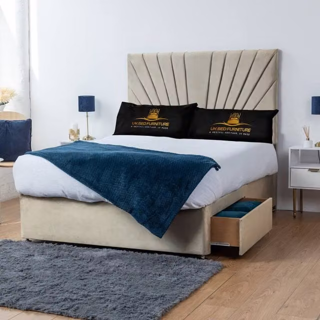 UK Bed Furniture Sunrise Divan Bed with 4 Drawers and 26 Inch Headboard in Beige, Size: 180 x 200 cm