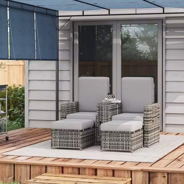 Outsunny Rattan Sun Lounger Set with Storage Tea Table and Footstools in Grey