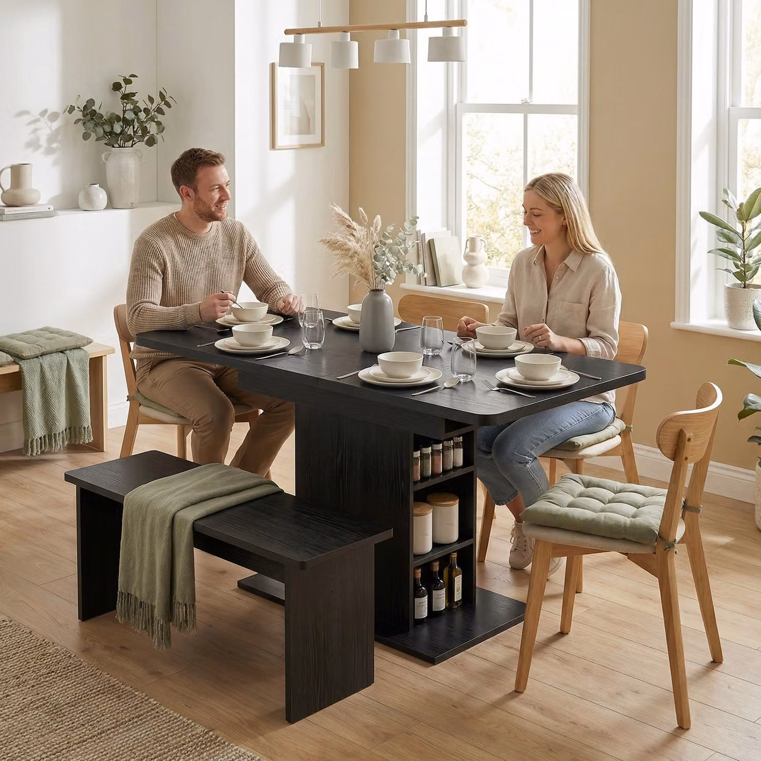 HOMCOM Extendable Rectangular Dining Table in Black with 6 Open Shelves, W/D/H: 110-130 x 70 x 75 cm – 2