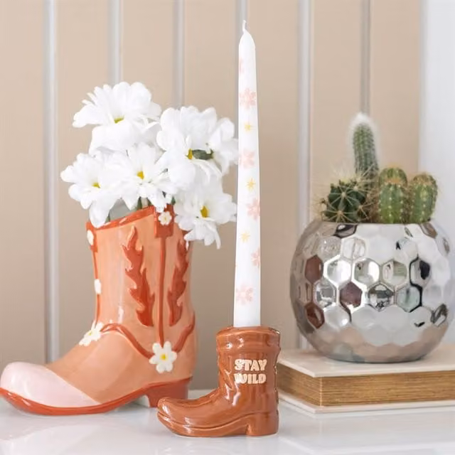 KDMK Brown and White Ceramic Cowboy Boot Candle Holder with Floral Taper Candle