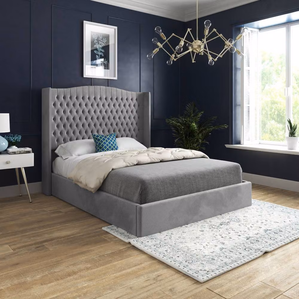 Casani Rotherwick Winged Upholstered Grey Velvet Designer Bed Frame, Size: King (180 x 200 cm) – 2