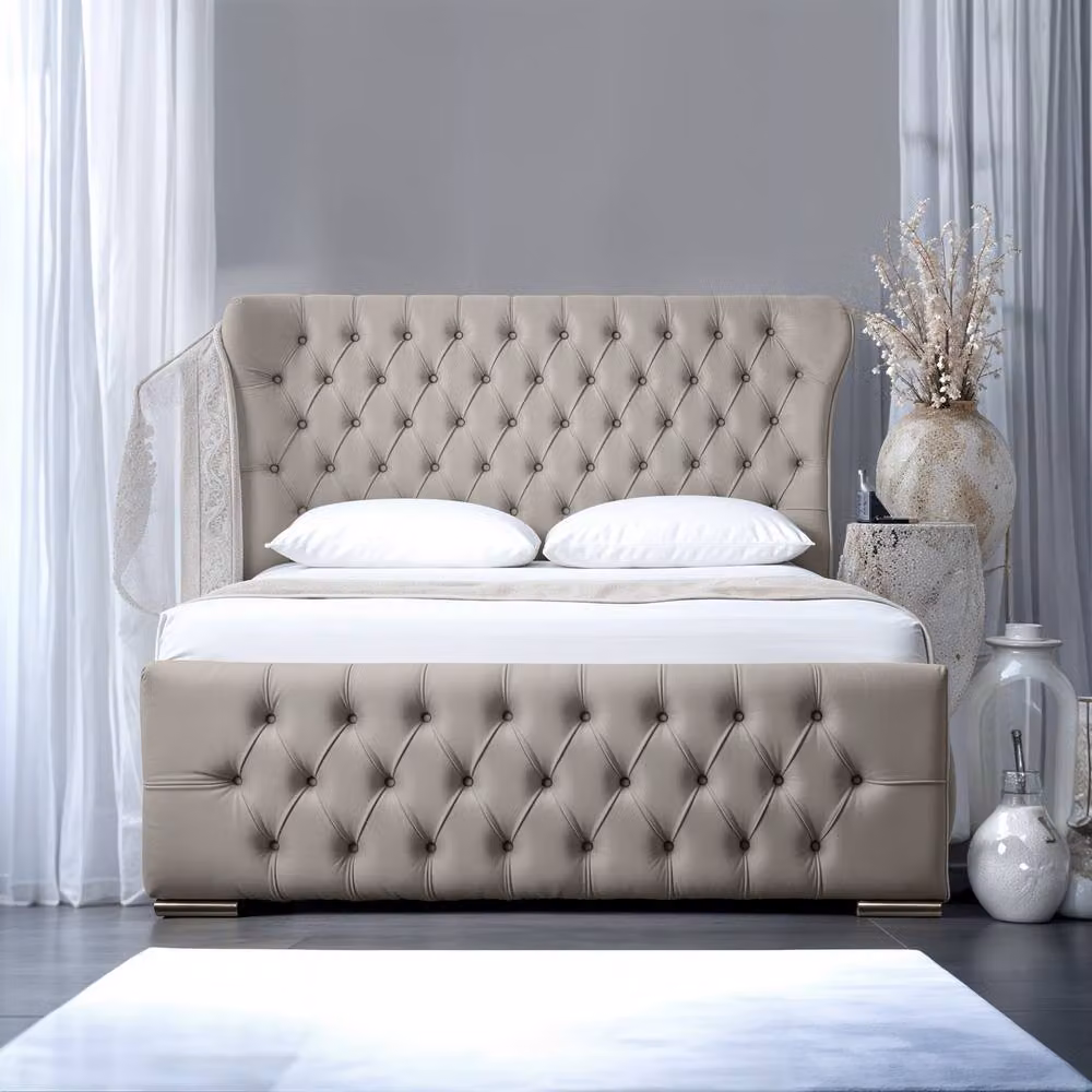 UK Bed Furniture Isabella Upholstered Slatted Base Bed with 48 Inch Wingback Headboard in Light Grey, Size: King (W/D/H: 180 x 200 cm) – 2