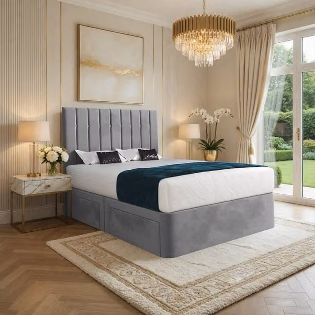 Casani Limpsfield Modern Upholstered Velvet Bed Frame with Drawers, Grey, W: 140 cm, L: 200 cm – 1