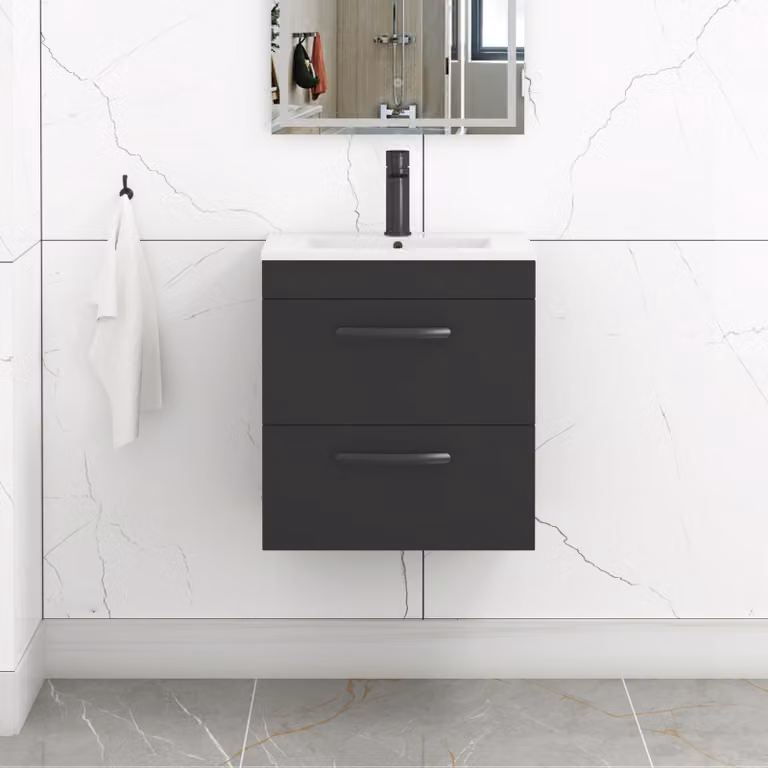 Royal Bathrooms Turin 500mm Wall Hung Vanity Unit in Matt Black with 2 Drawers and Minimalist Basin