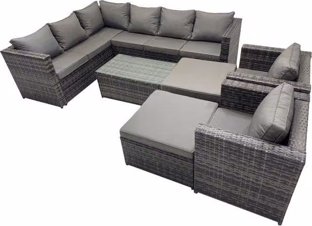Fimous Deluxe L-Shape Outdoor Rattan Garden Corner Sofa Set in Grey with Coffee Table and Ottoman
