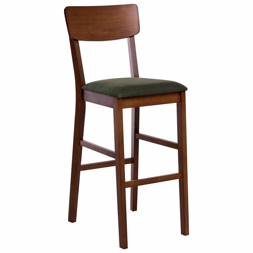Wyld and Coco Set of 2 Walnut Rubberwood Bar Chairs with Dark Green Fabric Upholstery in Brown – 3