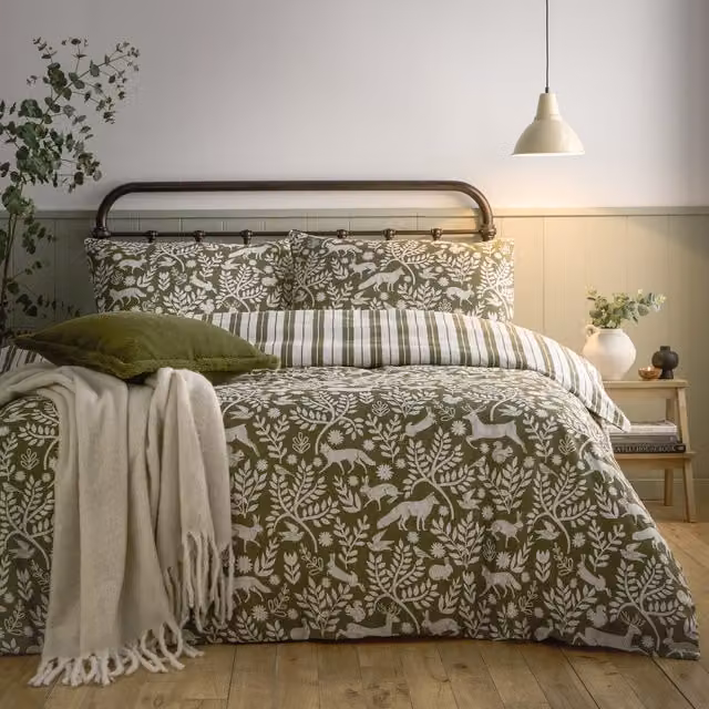 Make It A Home Skandi Woodland Reversible Brushed Cotton Duvet Cover Set, Green, W: 180 cm, H: 200 cm