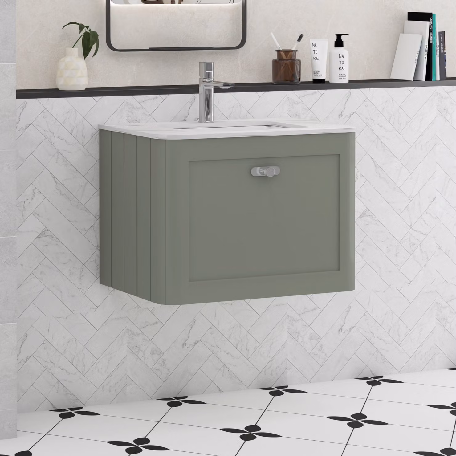 Royal Bathrooms Henley 600mm Sage Green Wall Hung Vanity Unit with Carrara White Stone Top and Chrome Knob