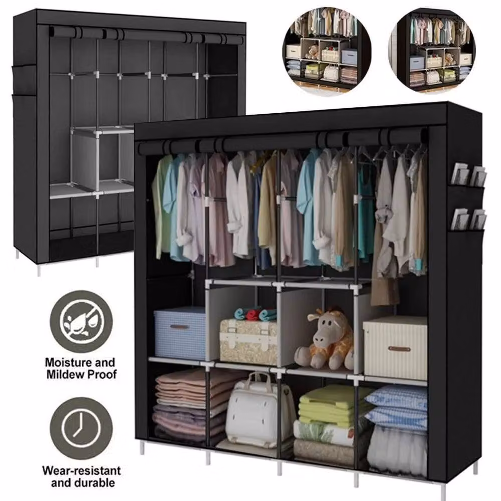 KORVIXA Black Fabric Canvas Wardrobe with Clothes Hanging Rail W/D/H: 100 x 100 x 100 cm – 5