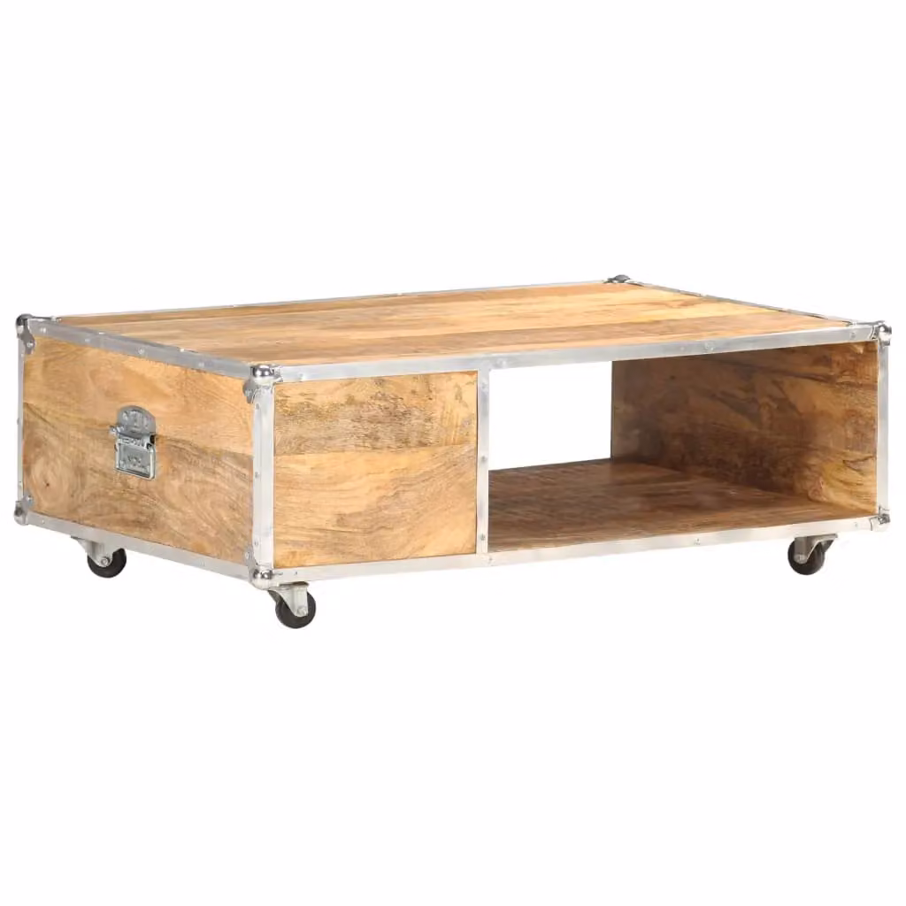 Berkfield Home Brown Solid Rough Mango Wood Coffee Table with Castors W: 89 cm, D: 59 cm, H: 33 cm – 2