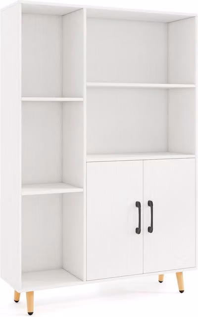 Costway Mid-Century White Metal Bookcase with Double Doors