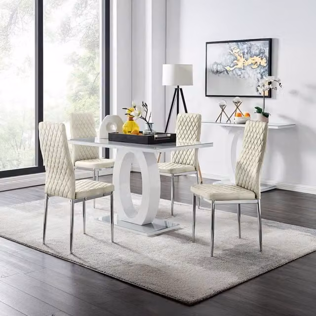 FurnitureboxUK Giovani Dining Set with Grey Rectangular Glass Table and 4 Beige Velvet Chairs
