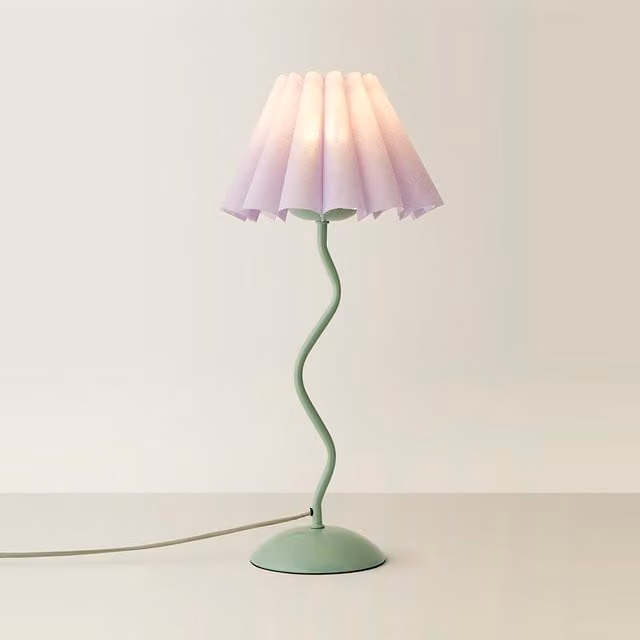 Wiggle Pastel Metal Table Lamp with Lilac Pleated Tapered Shade in Green