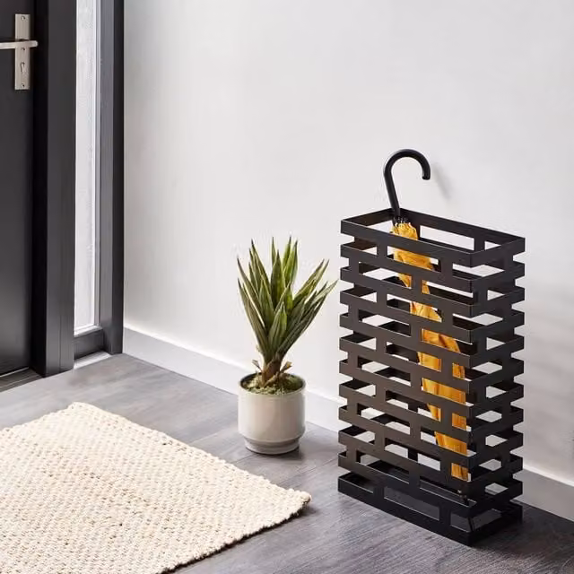 Wyld and Coco Tall Black Powder-Coated Iron Umbrella Stand with Removable Tray, H 62.0 cm x W 38.0 cm x D 1.0 cm