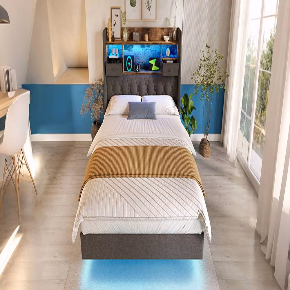Rolipo Grey Linen King Size Floating Bed with LED Lighting, USB Charging Port and Storage Headboard – 3