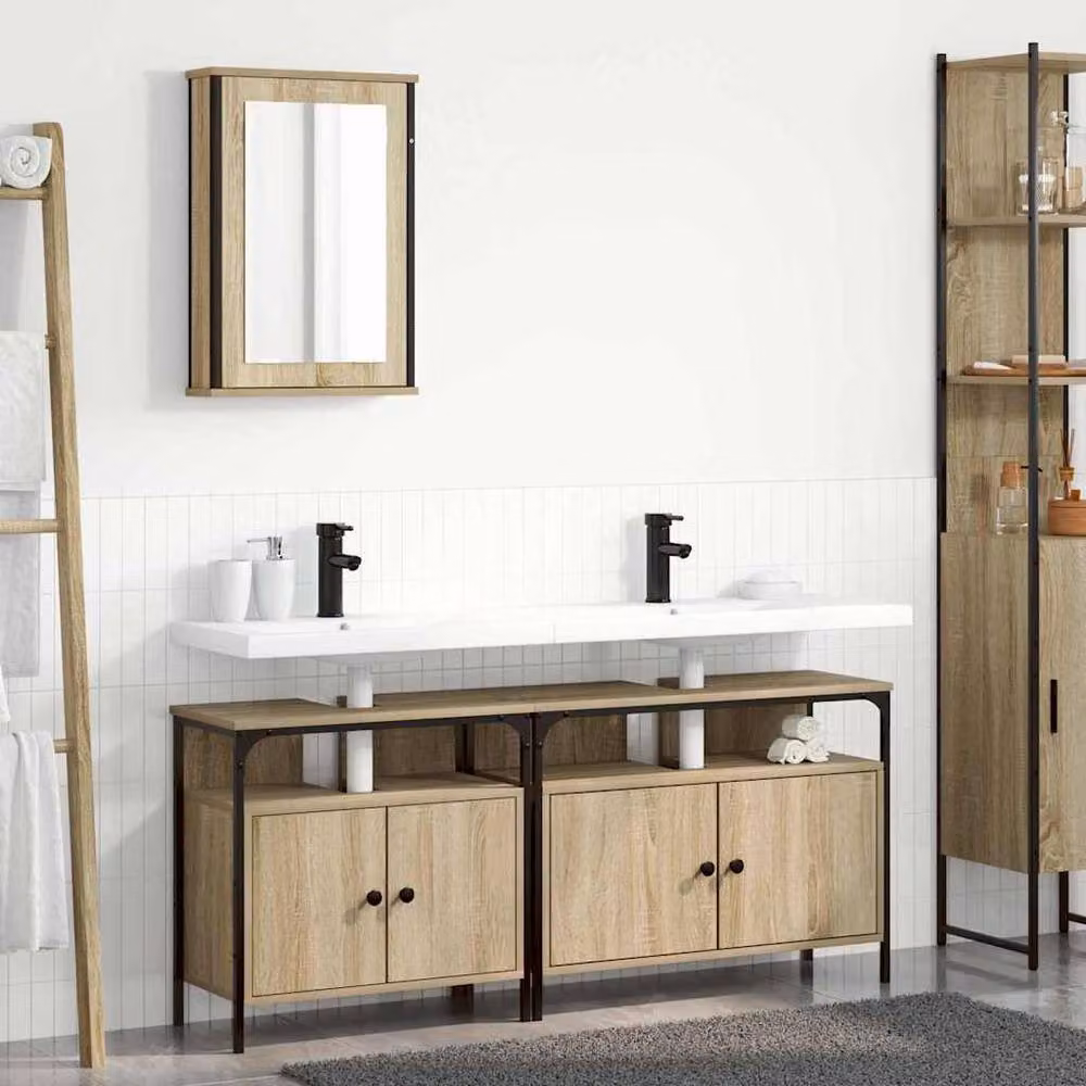 Berkfield Home Modern 3 Piece Bathroom Cabinet Set in Sonoma Oak and Beige Engineered Wood – 2